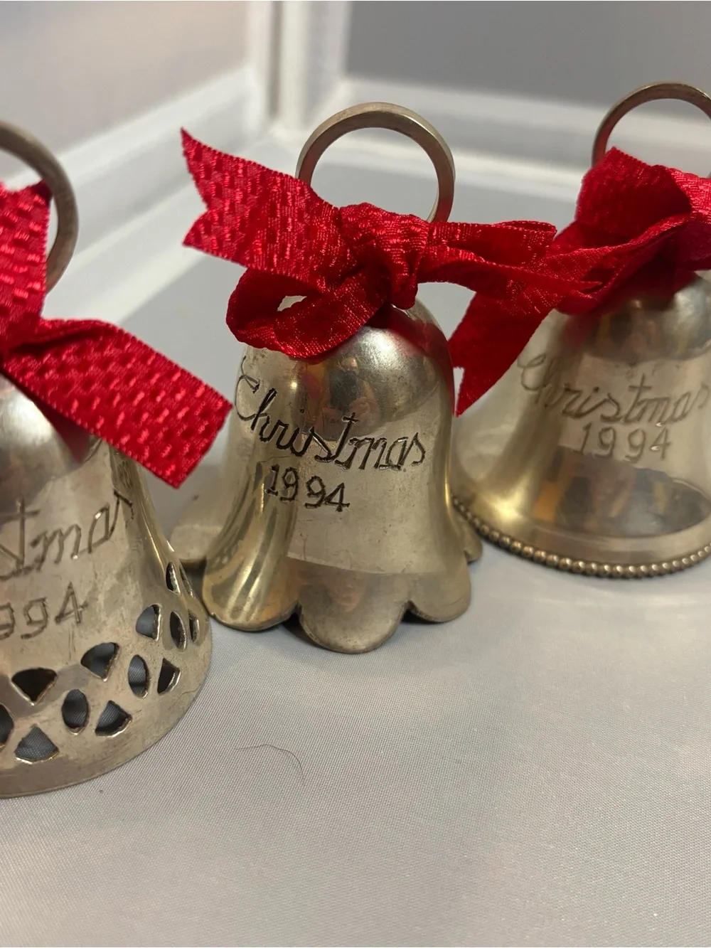 Silver Christmas Bell Ornaments handmade India (1994) - Set of 3 silver plated